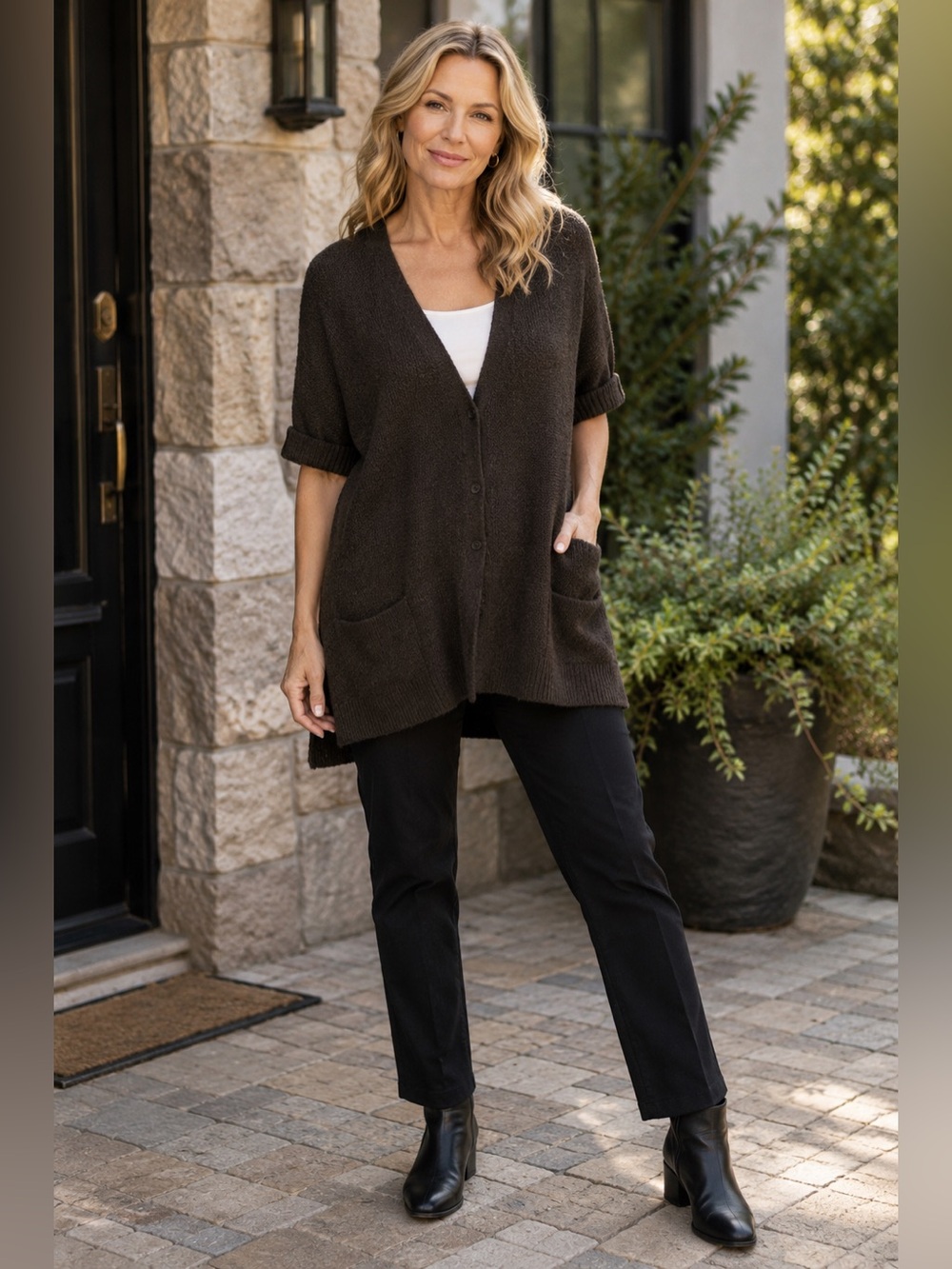 Eileen Fisher XL Wool Cashmere Angora Blend Long Cardigan Sweater Brown Pockets
